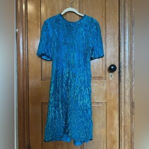 Laurence Kazar Teal Sequin 100% Silk Midi Dress